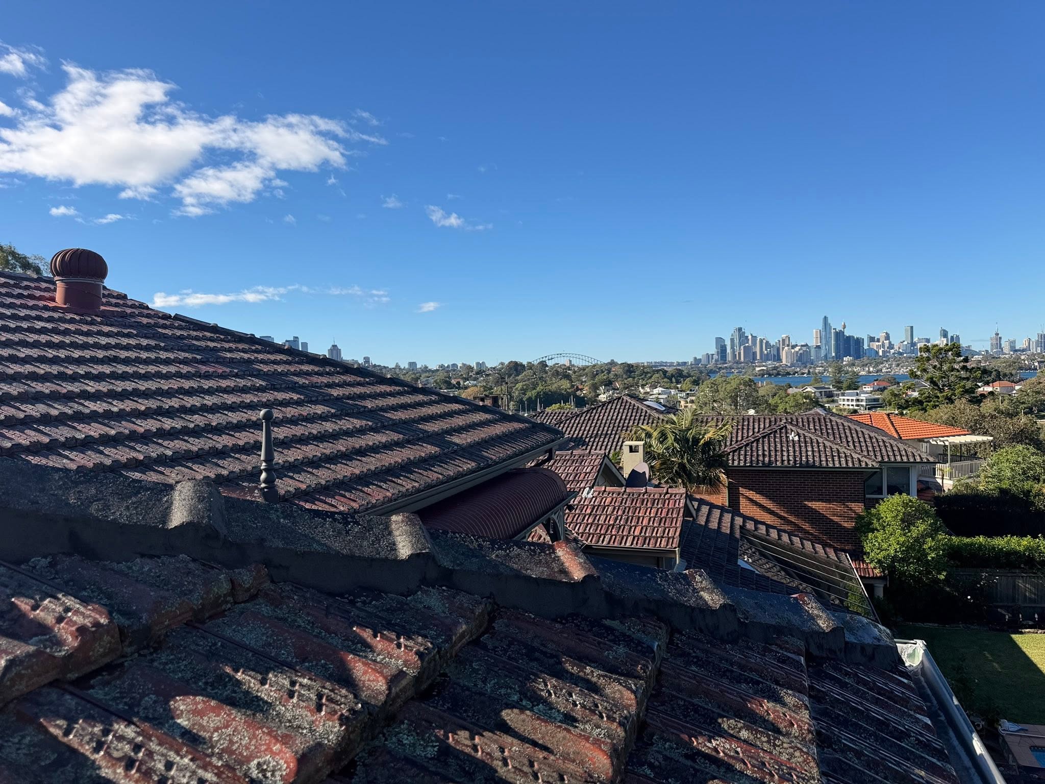 Tiled rooftops and an existing whirlybird overlooking Sydney Harbour, the Harbour Bridge and city skyline